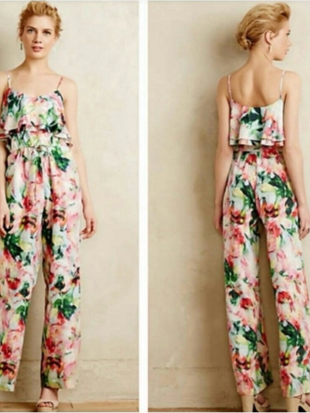Fleur Wood for Anthropologie Ikebana Silk Floral Ruffle Jumpsuit - size Medium